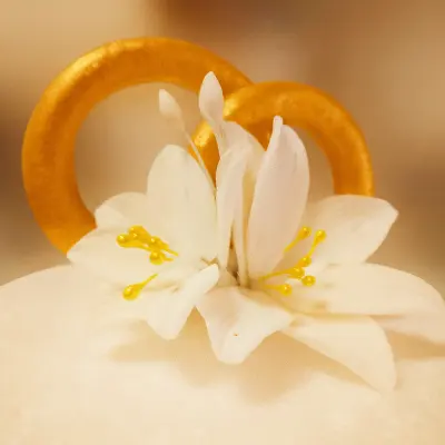 Элегантное сахарное украшение в виде белой лилии с золотыми тычинками и кольцами