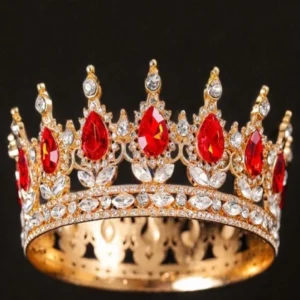 Золотая корона с красными камнями, диаметр 12 см.