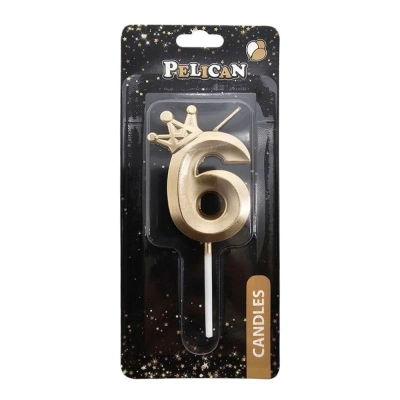 Свечка-цифра 6 с короной, цвет золото.